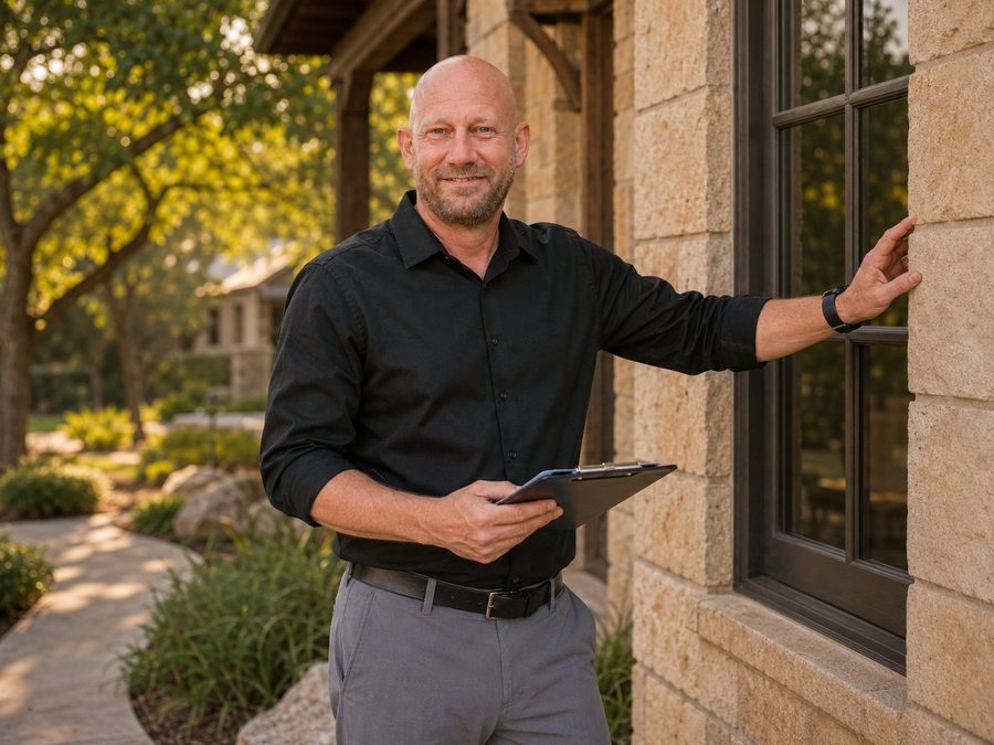 Gregg Lewis inspecting a stone-clad Central Texas home exterior
