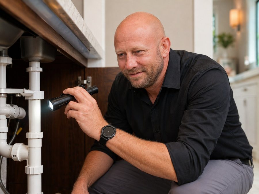 Gregg Lewis inspecting under-sink plumbing with a flashlight