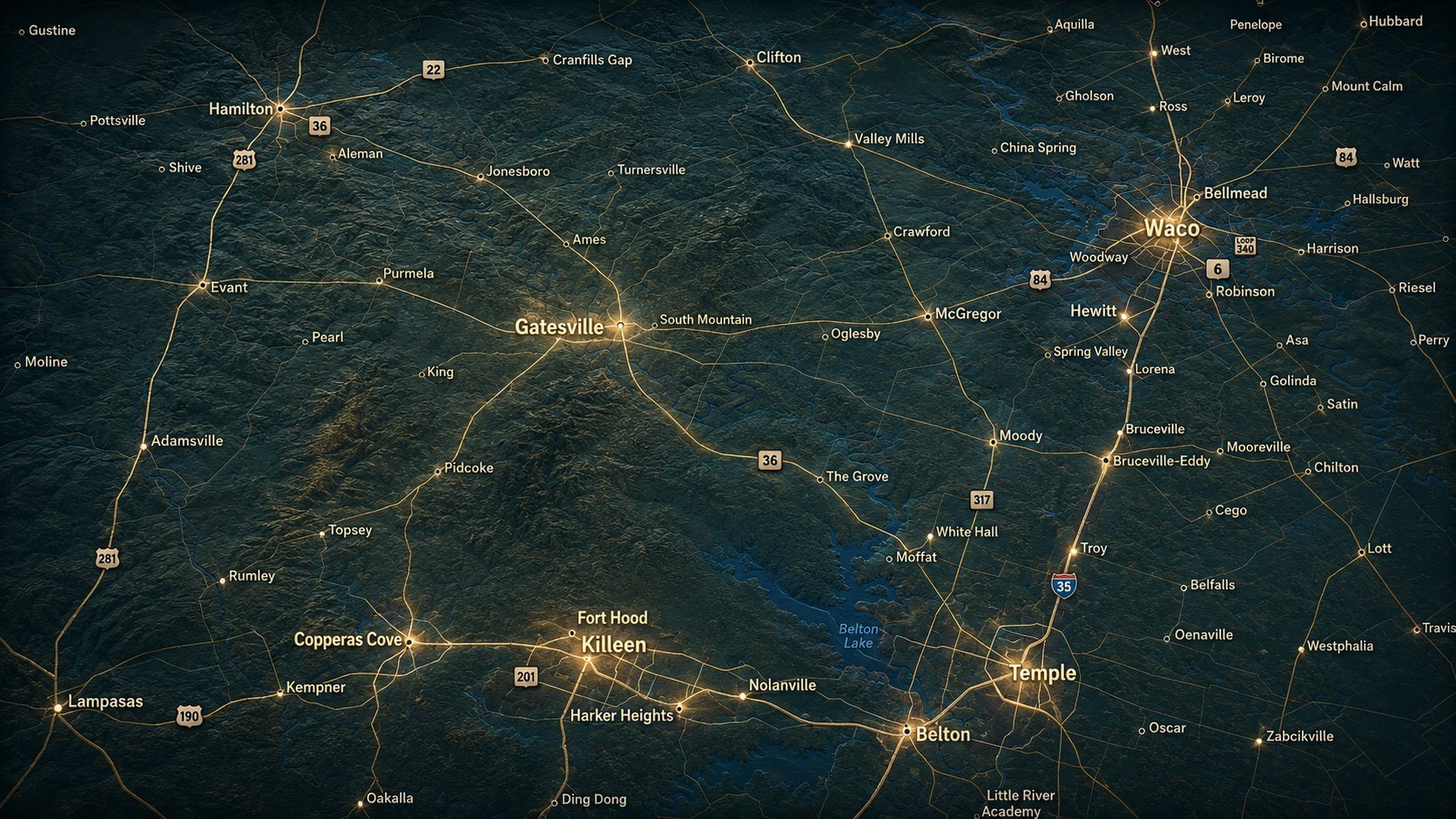 Satellite view of central Texas at night showing Legacy Inspections service area cities: Hamilton, Gatesville, Copperas Cove, Killeen, Harker Heights, Waco, and surrounding communities including Hico, Jonesboro, Pottsville, Hewitt, Robinson, Woodway, China Spring, McGregor, Lorena, Belton, Temple, and Lampasas