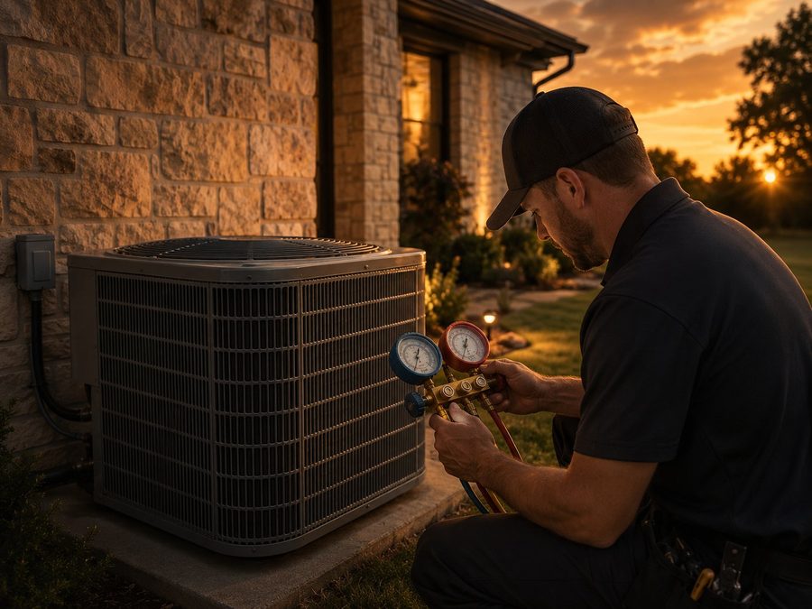 HVAC condenser unit inspection with refrigerant pressure gauges